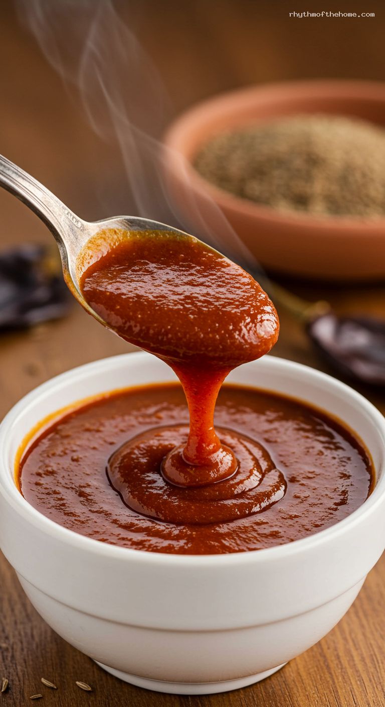 Brick-Red Red Enchilada Sauce from Dried Chiles – Closeup