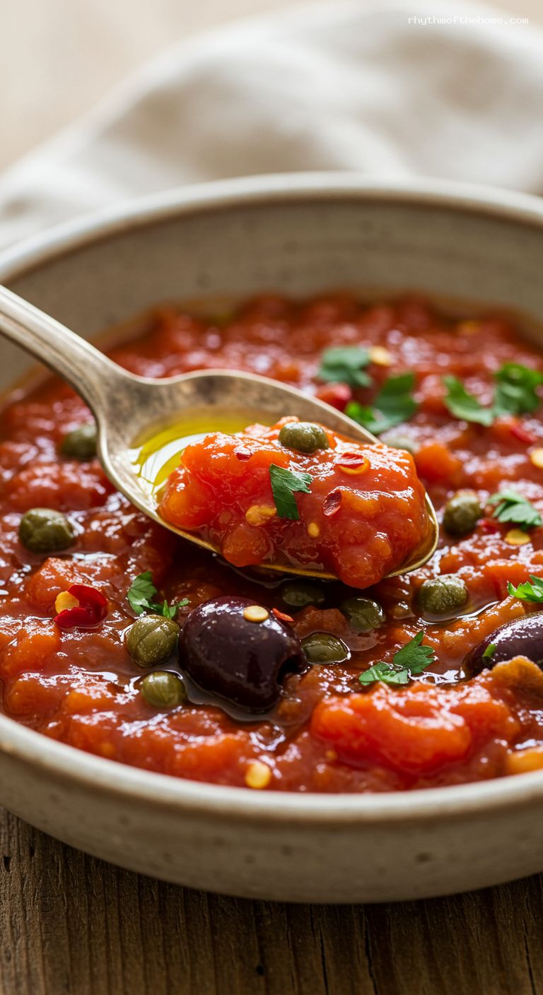 Briny Puttanesca Sauce with Anchovy, Olive, and Caper – Closeup