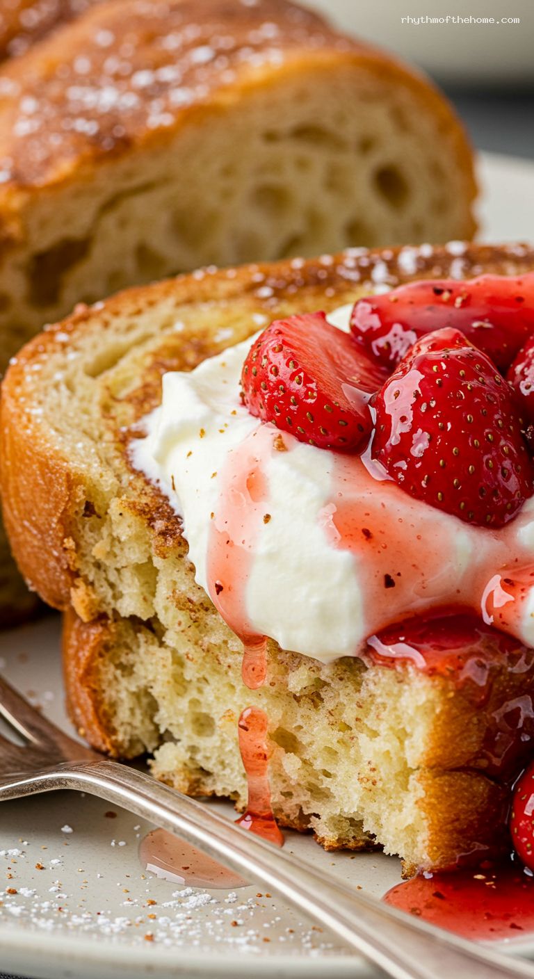 Brioche French Toast with Mascarpone and Macerated Strawberries – Closeup