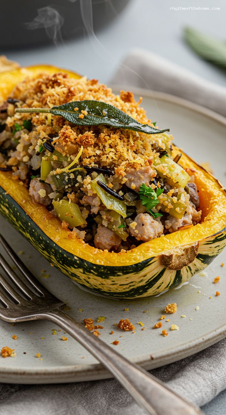Brown Butter Delicata Squash Boats with Turkey and Wild Rice – Closeup