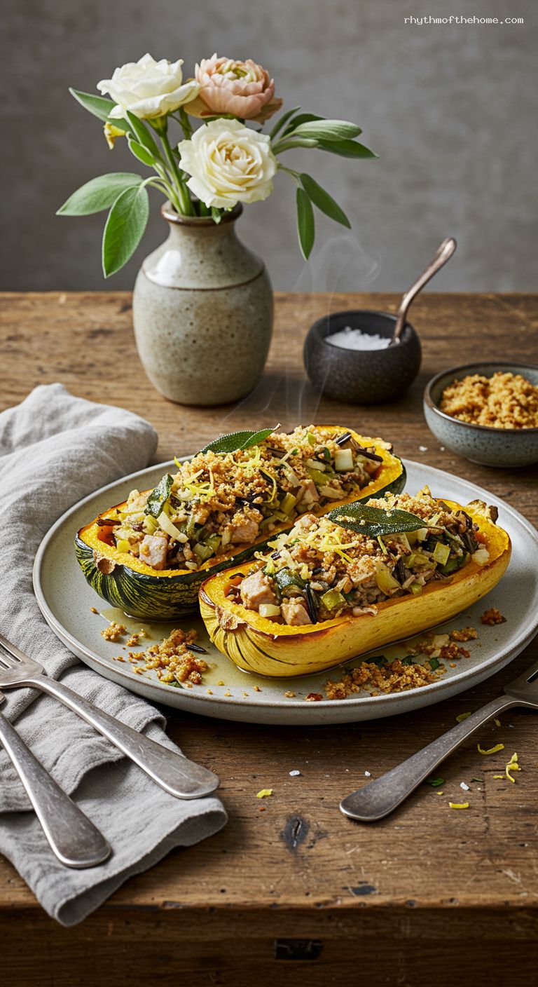 Brown Butter Delicata Squash Boats with Turkey and Wild Rice