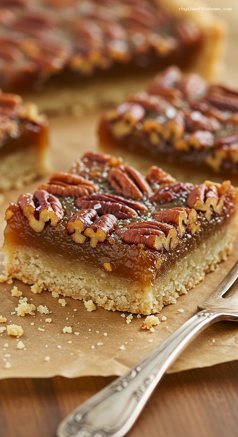 Brown Butter Pecan Pie Bars with Shortbread Crust – Closeup