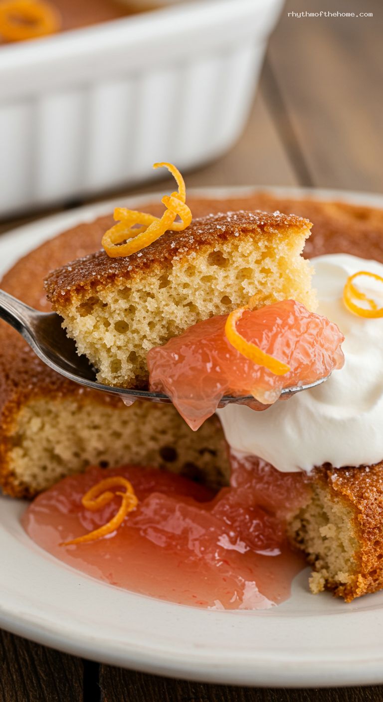 Brown Sugar Grapefruit Pudding Cake with Whipped Cream – Closeup