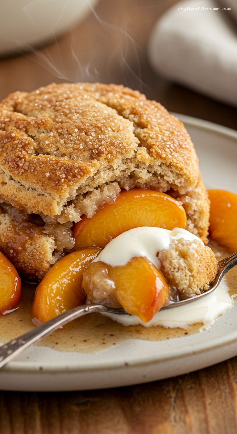 Brown Sugar Peach Cobbler with Candied Ginger and Bourbon – Closeup