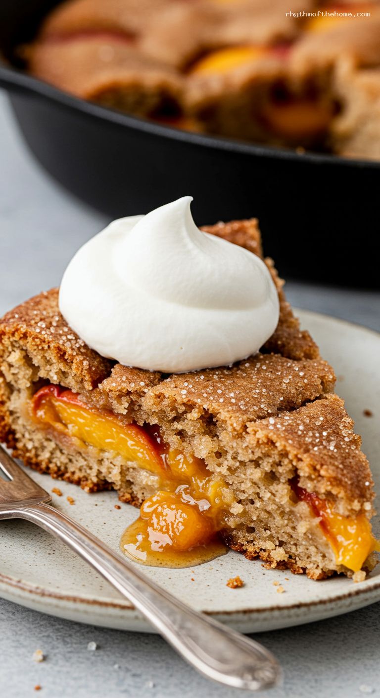 Brown Sugar Peach Skillet Cake with Vanilla Whipped Cream – Closeup
