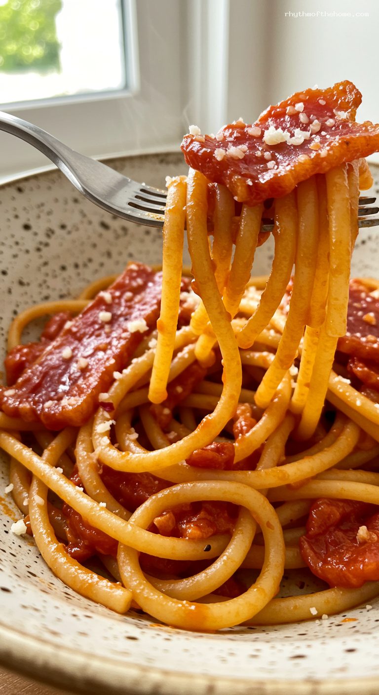 Bucatini all’Amatriciana with Crispy Guanciale and Pecorino – Closeup