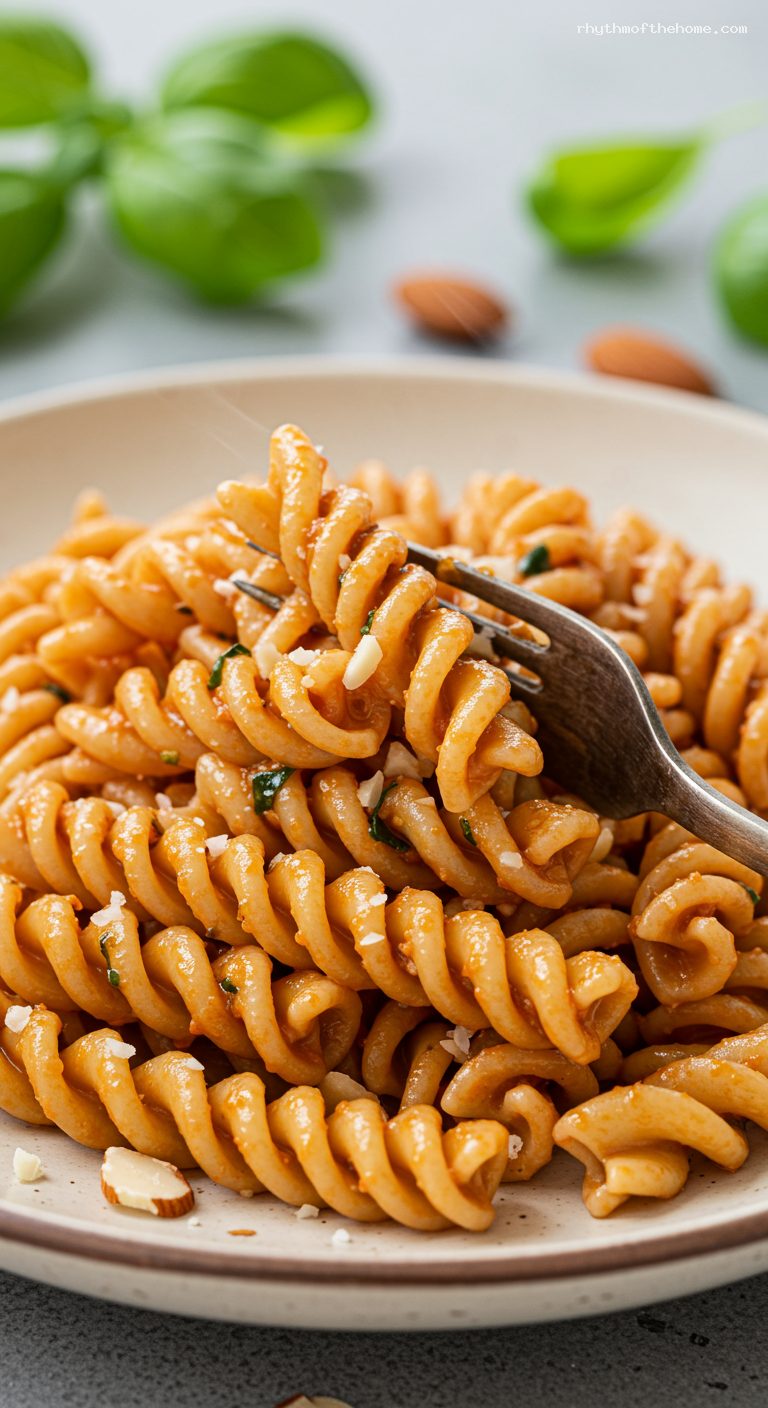 Busiate al Pesto Trapanese with Almonds and Basil – Closeup