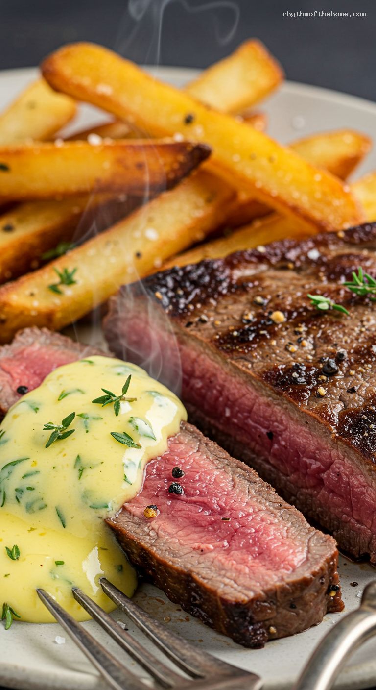 Butter-Basted Steak Frites with Béarnaise or Peppercorn Sauce – Closeup