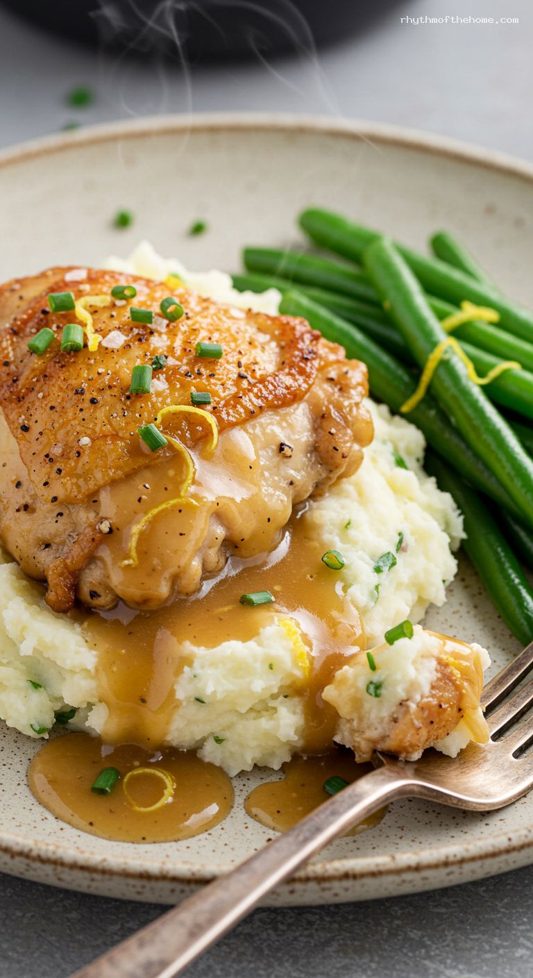 Buttermilk-Brined Skillet Chicken with Roasted Garlic Gravy – Closeup