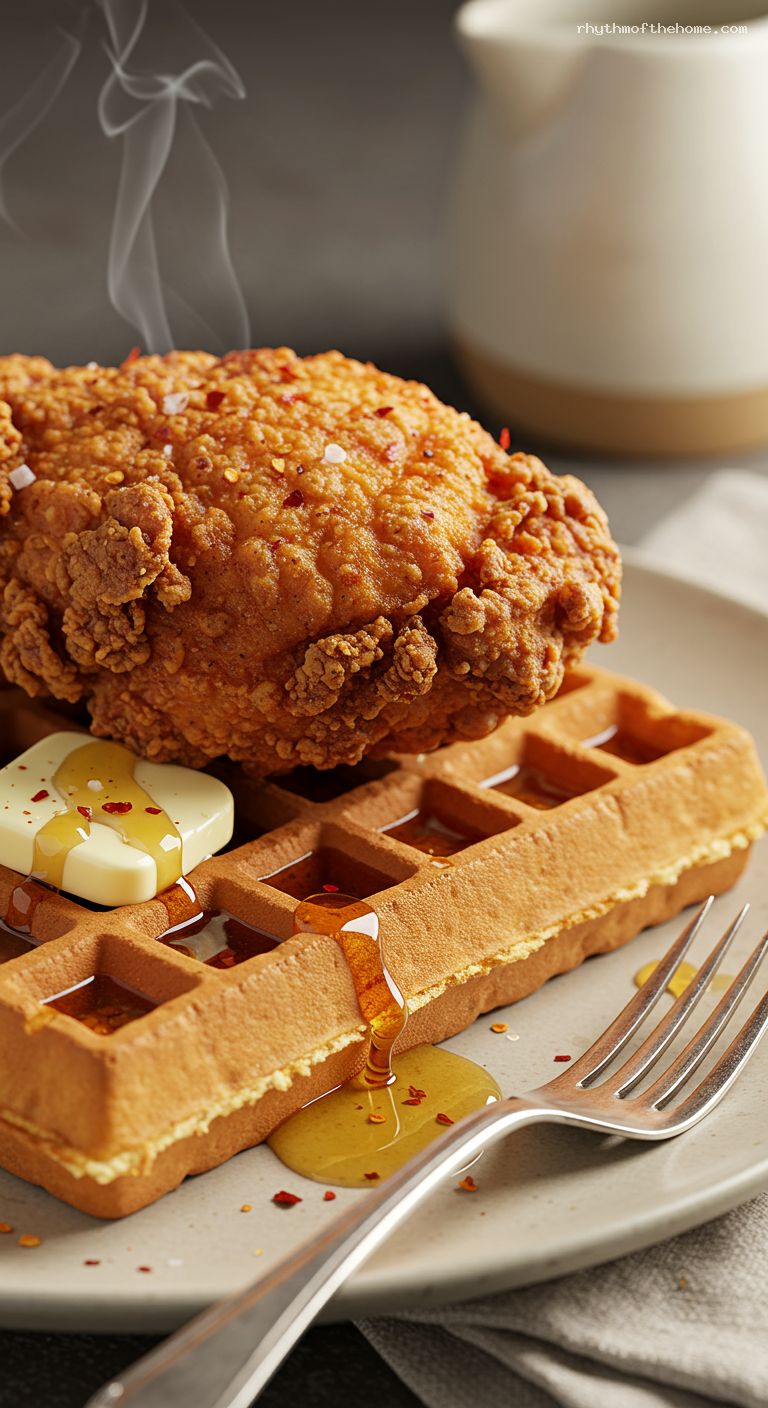Buttermilk Chicken and Waffles with Hot Honey – Closeup