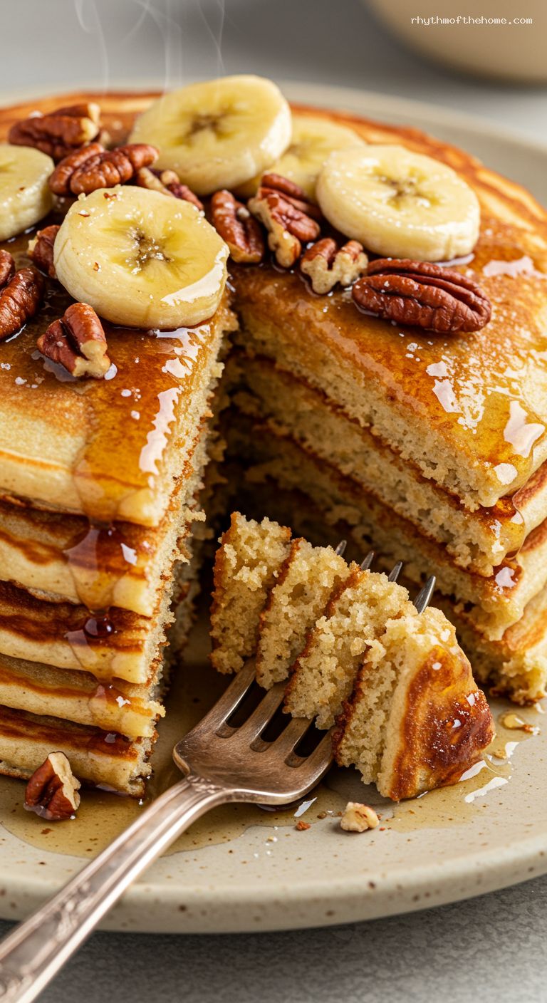 Buttermilk Pancakes with Caramelized Bananas and Pecans – Closeup