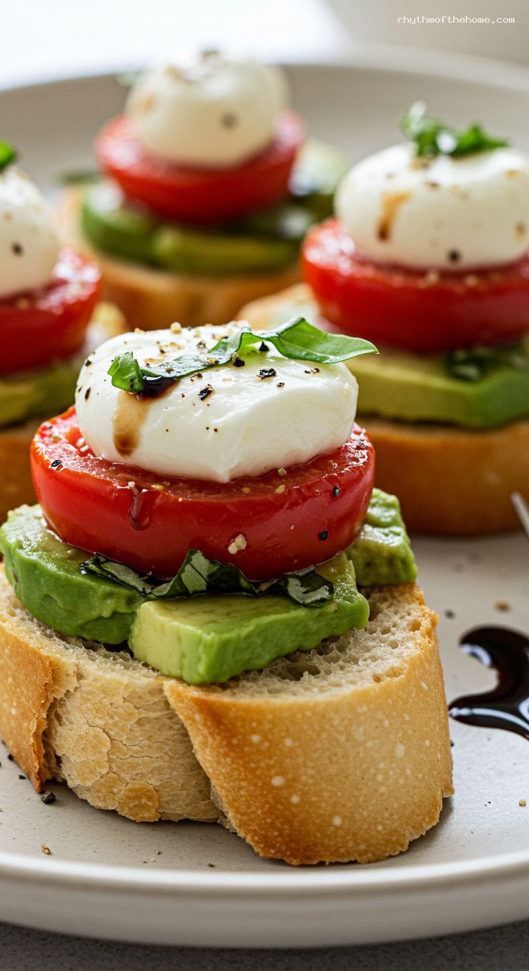 Caprese Avocado Baguette Bites with Balsamic Glaze – Closeup