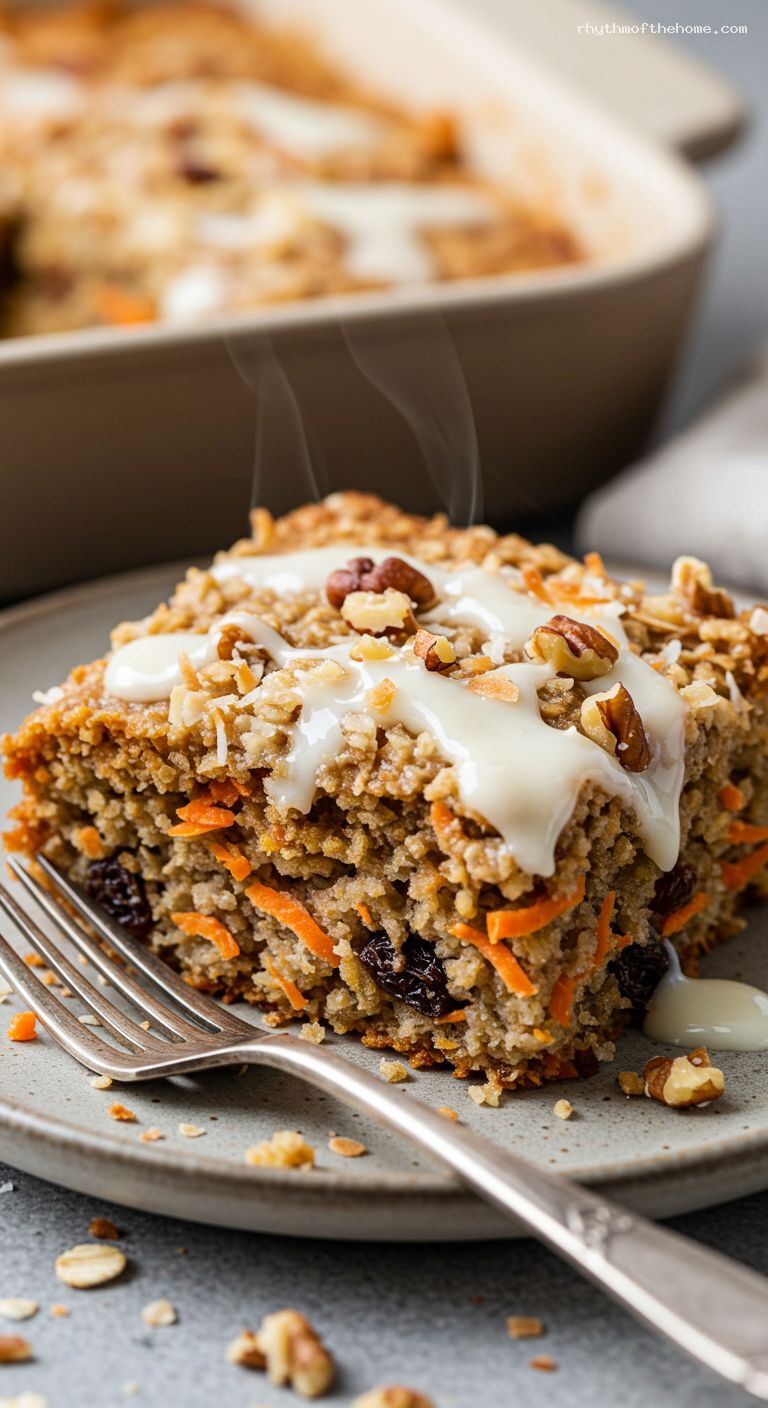 Carrot Cake Baked Oatmeal with Cream Cheese Drizzle – Closeup