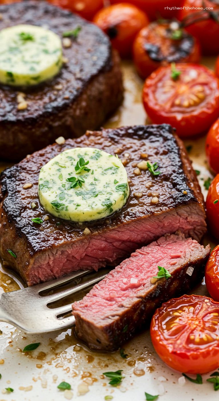 Cast-Iron Steak Tips with Garlic Herb Butter and Blistered Tomatoes – Closeup