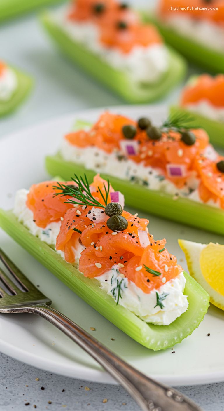 Celery Lox Boats with Cream Cheese and Capers – Closeup