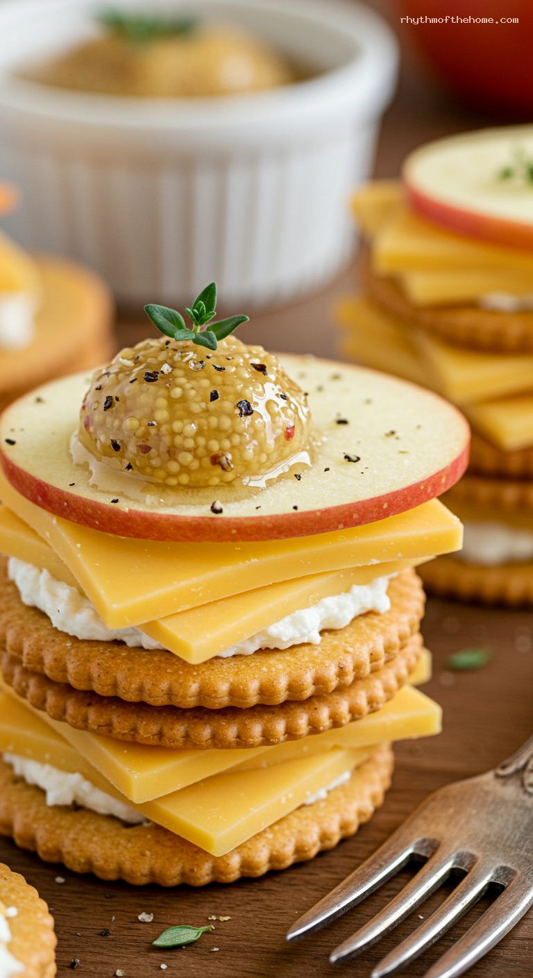 Cheddar Apple Cracker Stacks with Honey Mustard – Closeup