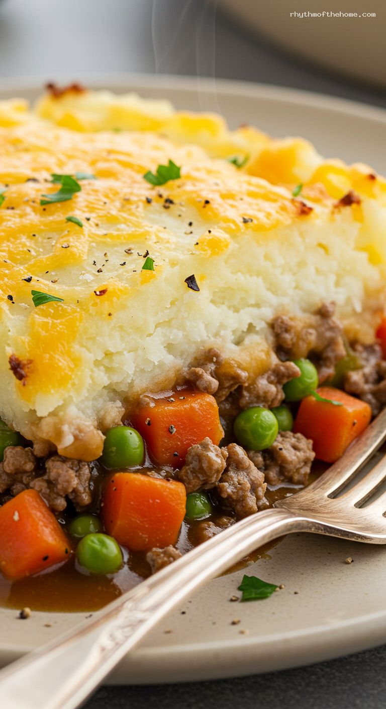 Cheddar-Topped Cottage Pie with Beef, Peas, and Carrots – Closeup