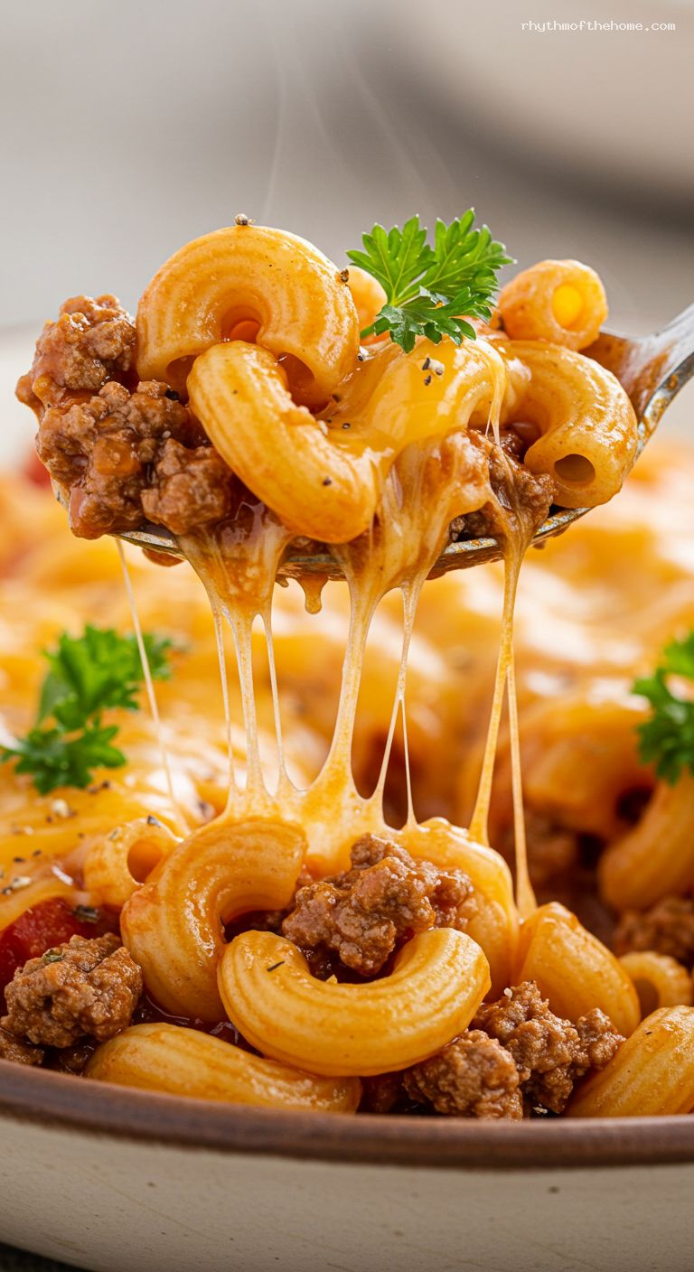 Cheesy American Goulash with Beef and Macaroni – Closeup