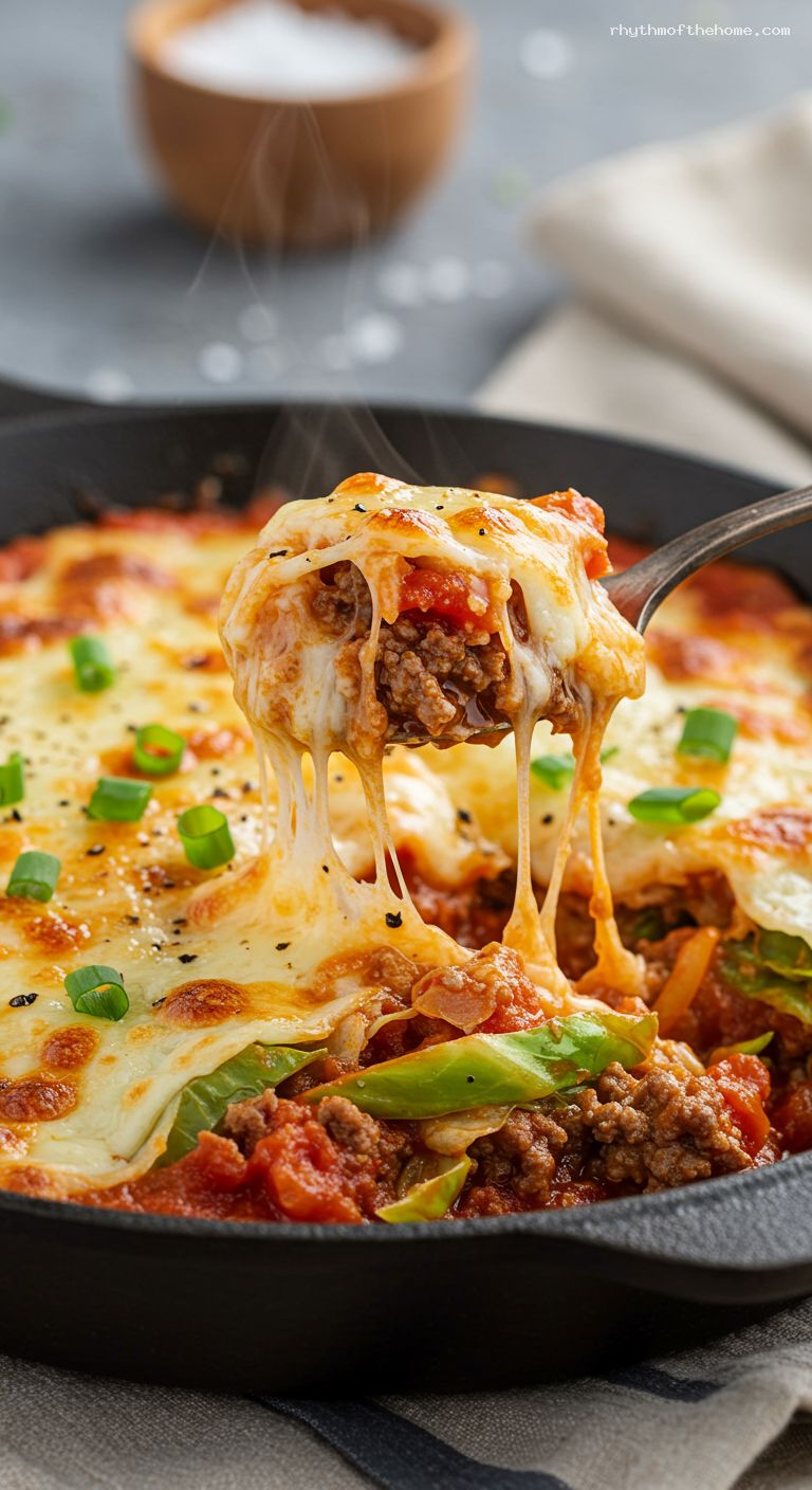 Cheesy Beef and Cabbage Skillet with Broiled Cheddar – Closeup