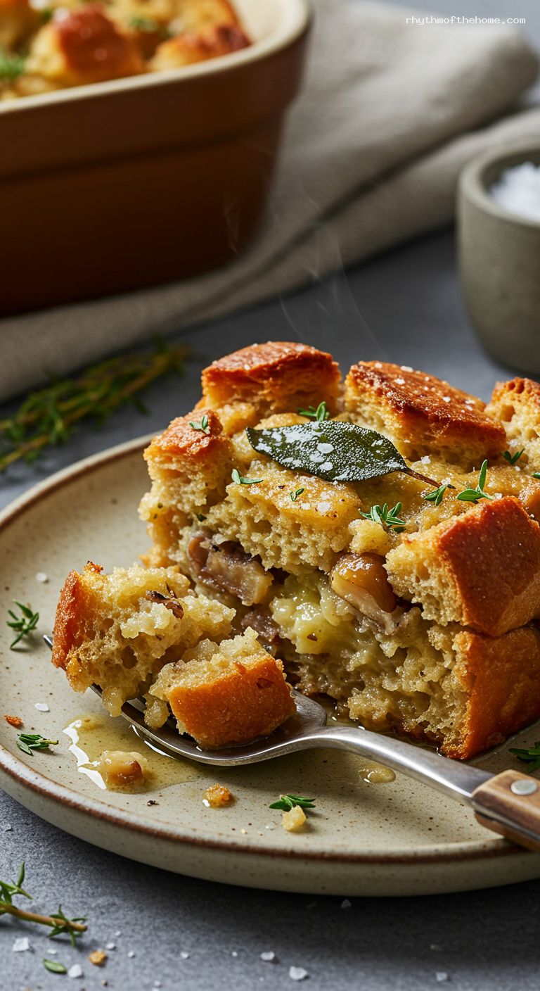 Chestnut Herb Bread Stuffing with Sage and Thyme – Closeup
