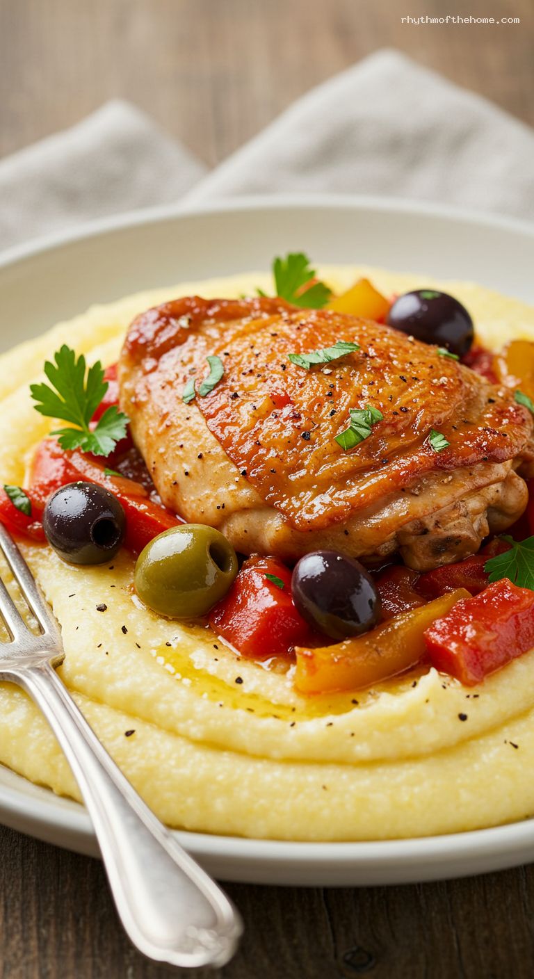 Chicken Cacciatore with Creamy Parmesan Polenta – Closeup