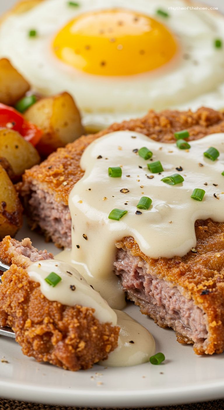Chicken-Fried Steak and Eggs with Peppered Gravy – Closeup