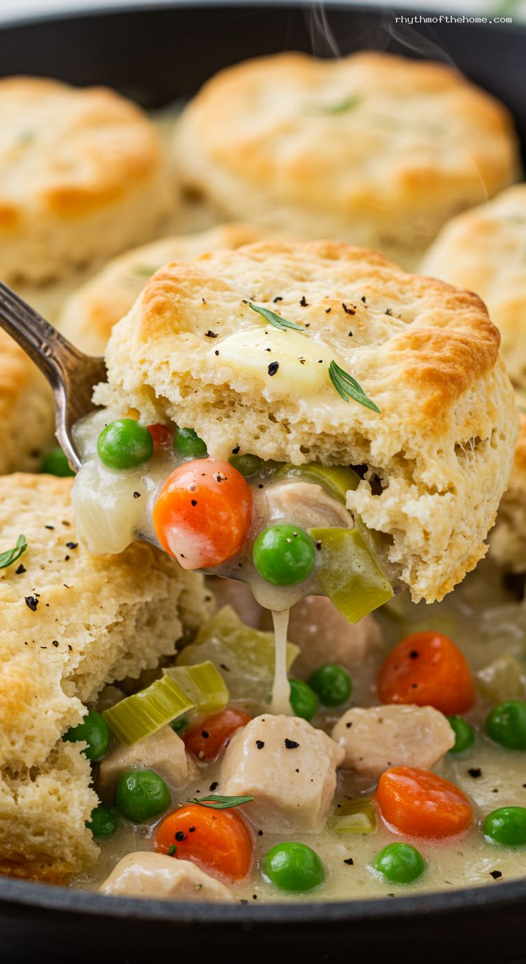 Chicken Pot Pie with Creamy Leeks and Tarragon Biscuits – Closeup
