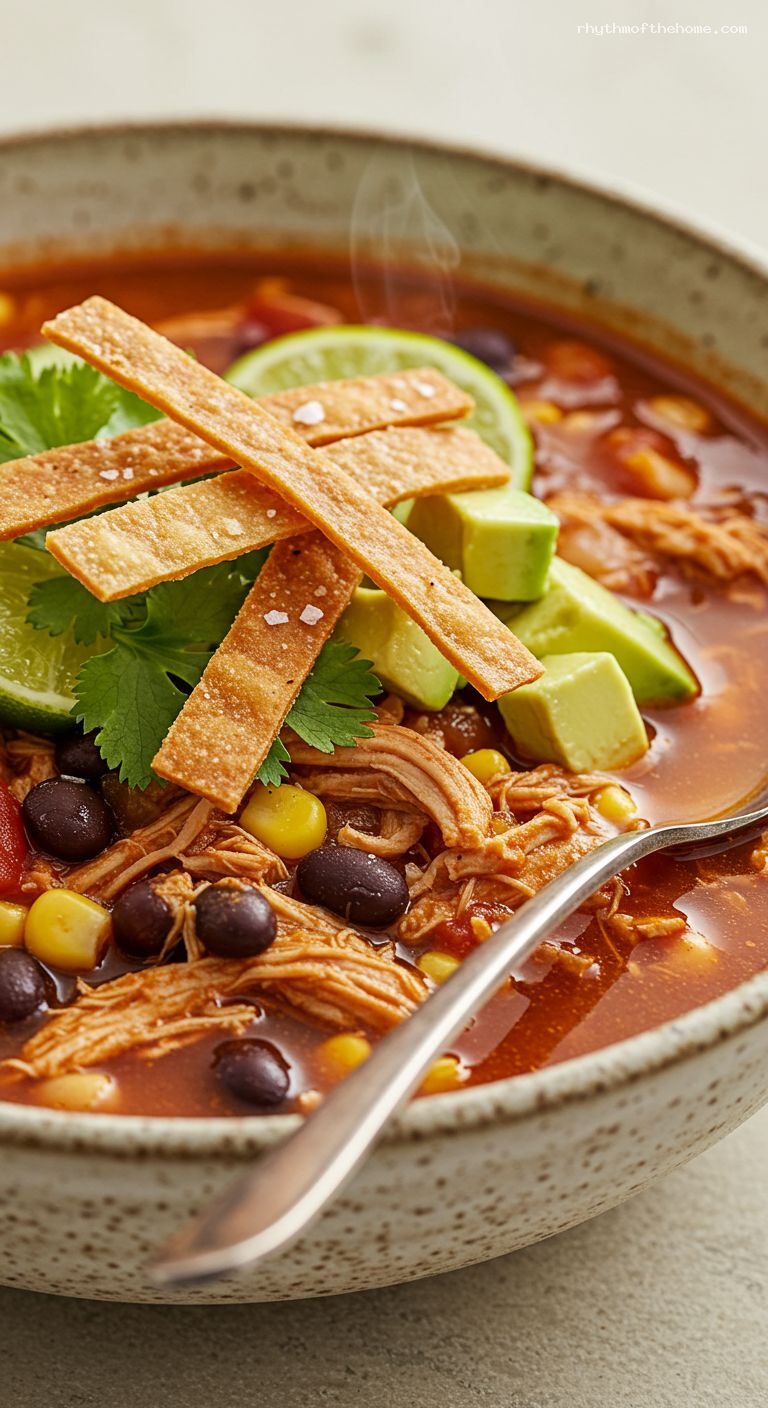 Chicken Tortilla Soup with Corn and Black Beans – Closeup