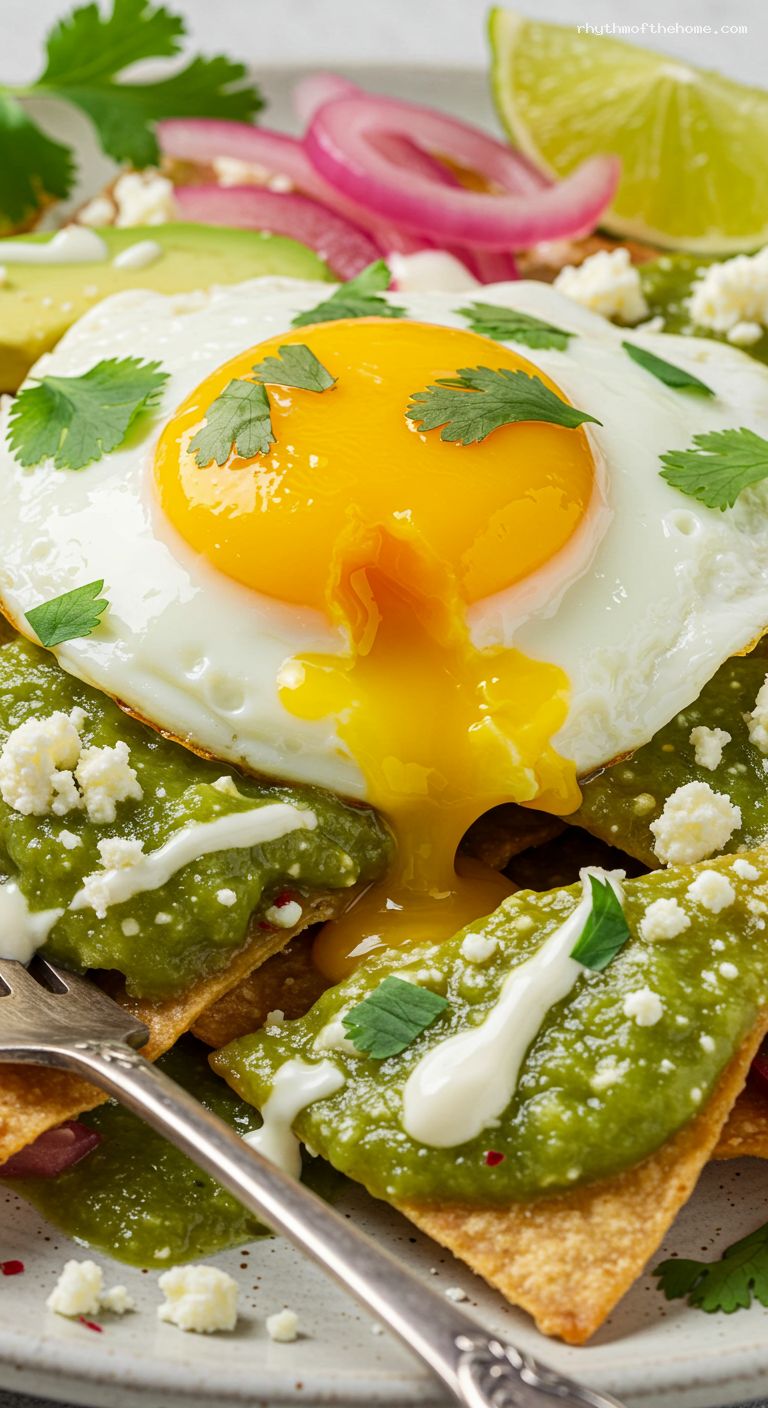Chilaquiles Verdes with Sunny Eggs and Queso Fresco – Closeup