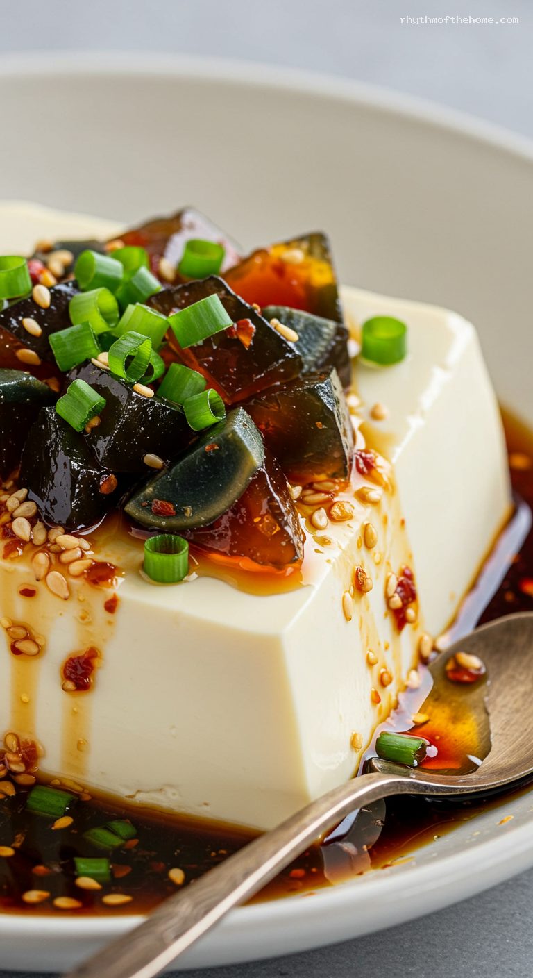 Chilled Silken Tofu with Century Egg and Scallions – Closeup