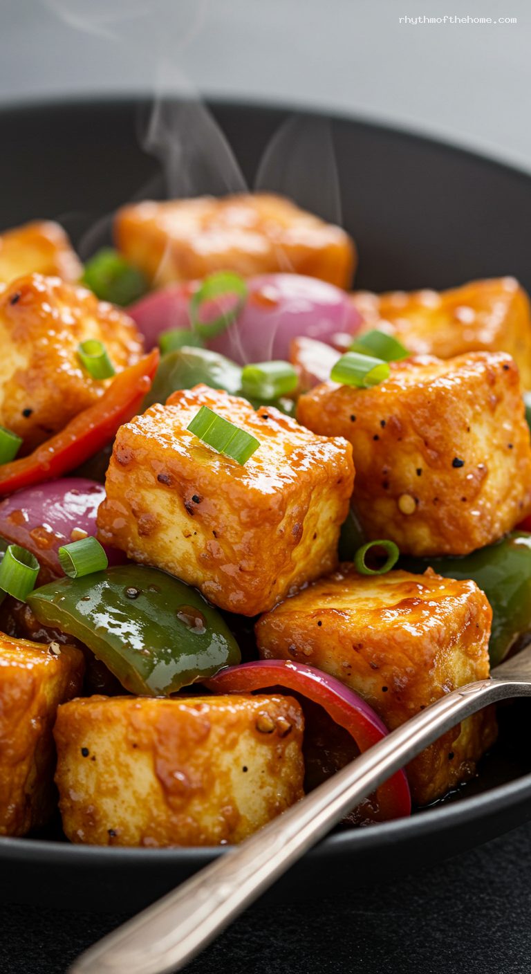 Chilli Paneer with Peppers and Soy-Chili Glaze – Closeup