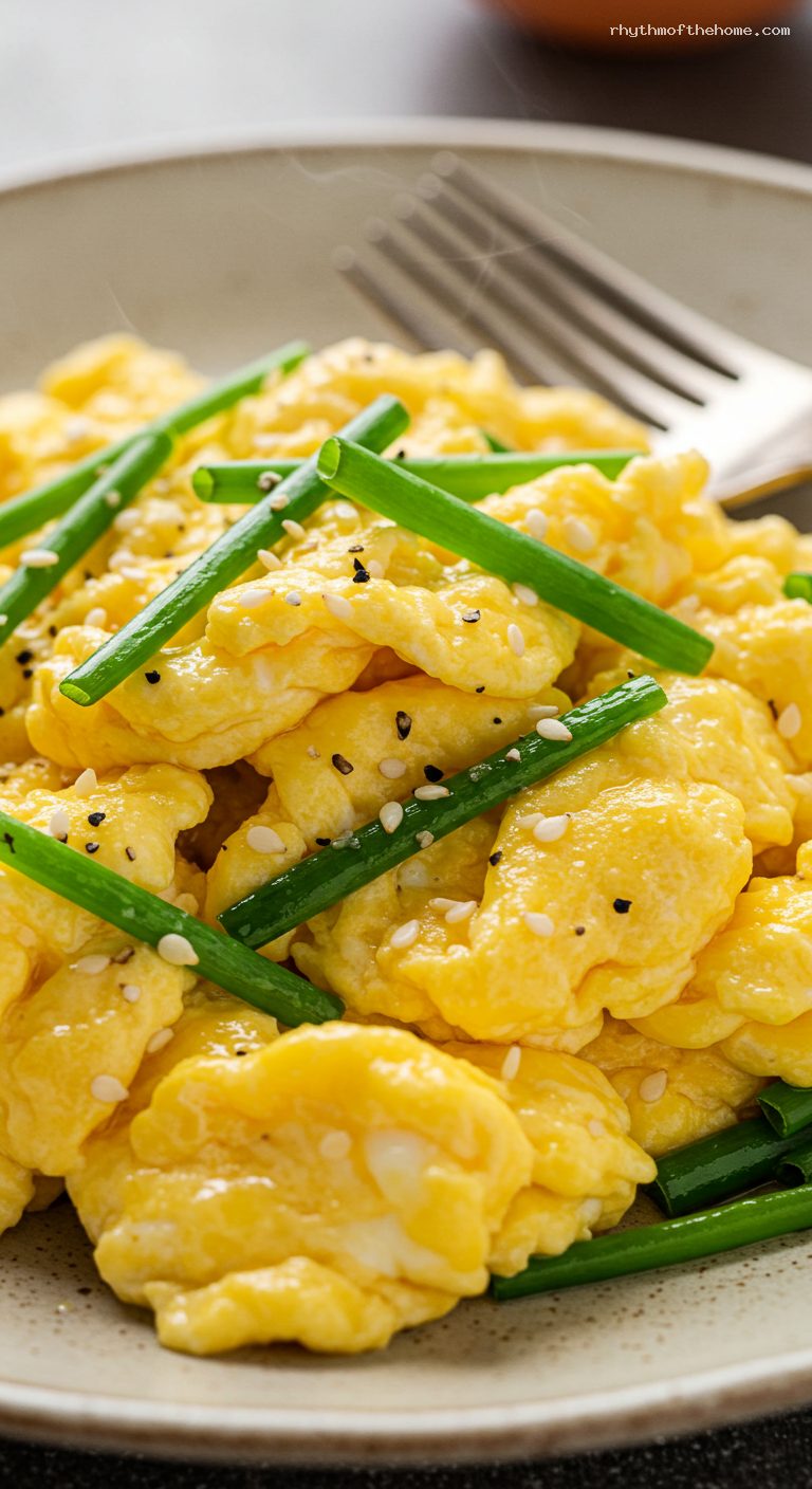 Chinese Chive Scrambled Eggs with Sesame and Soy – Closeup