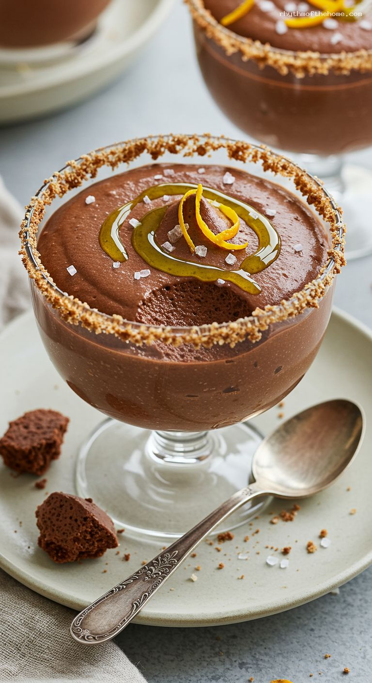 Chocolate Olive-Oil Mousse with Orange Zest, Sea Salt, and Chocolate Wafer Crunch – Closeup