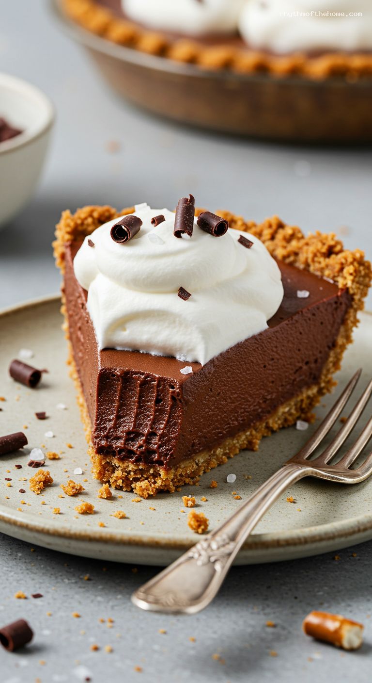 Chocolate Sour Cream Pudding Pie with Pretzel Crust – Closeup