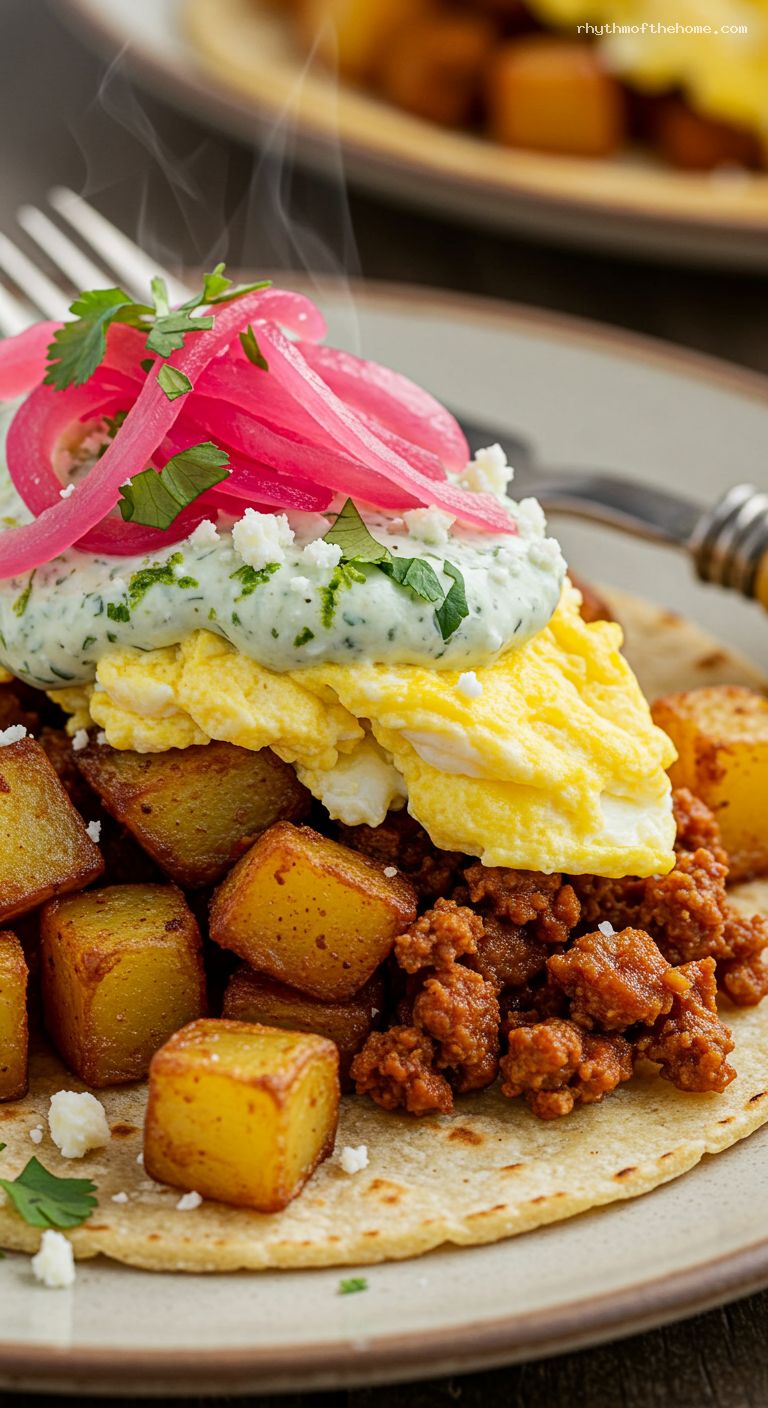 Chorizo and Potato Breakfast Tacos with Cilantro-Lime Crema – Closeup
