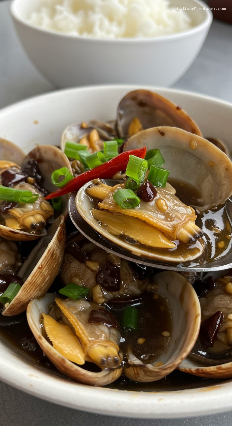 Clams with Black Bean Sauce and Ginger Garlic – Closeup