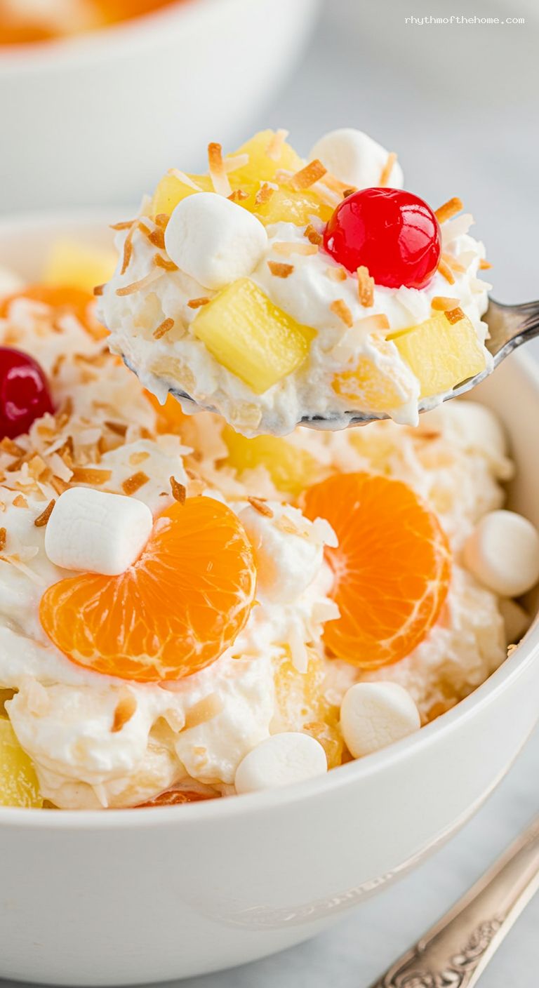 Classic Ambrosia Salad with Mandarin Oranges and Pineapple – Closeup