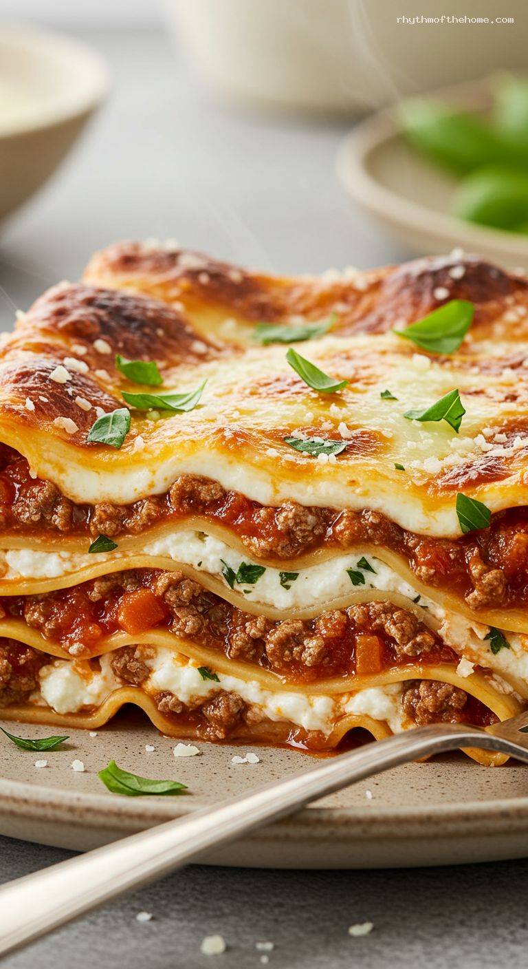 Classic Beef Ragù Lasagna with Ricotta and Mozzarella – Closeup