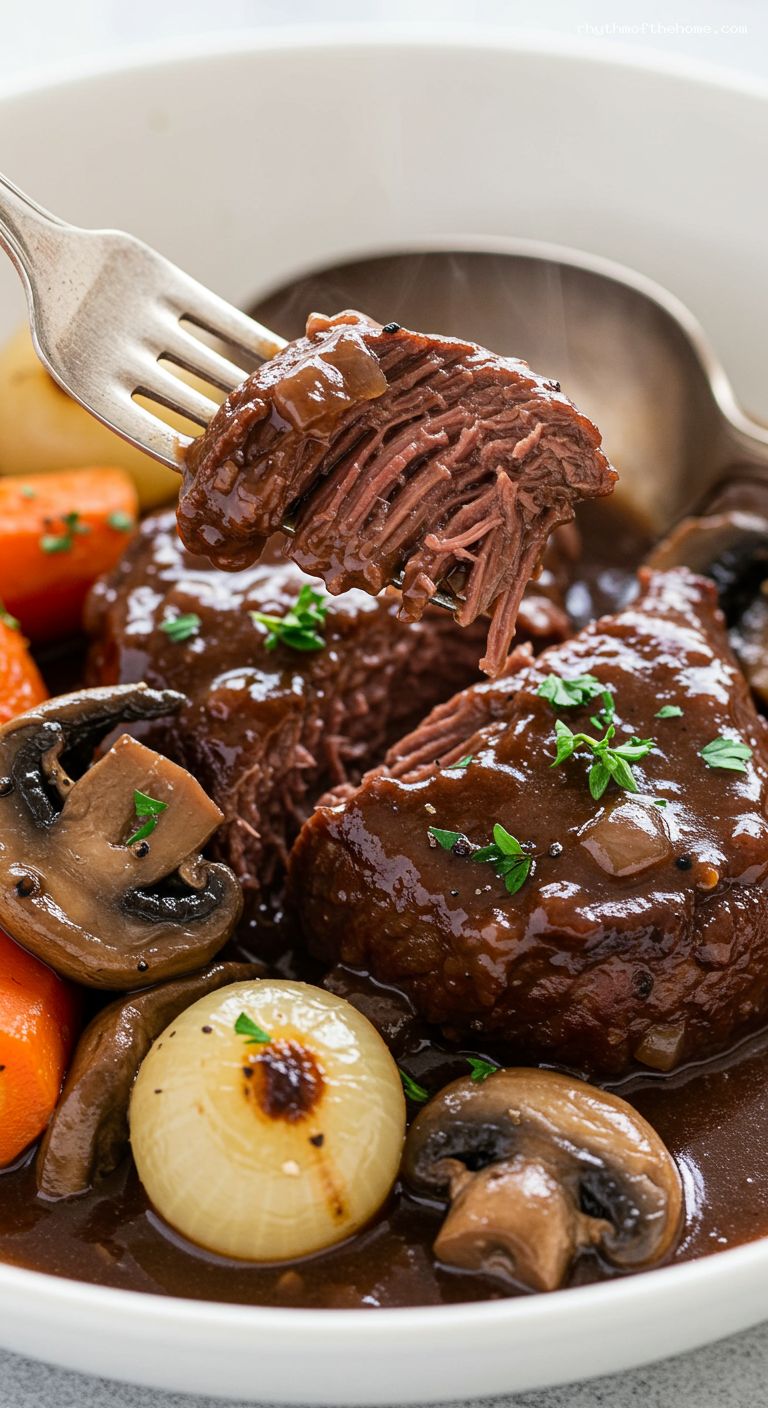 Classic Boeuf Bourguignon with Mushrooms and Pearl Onions – Closeup