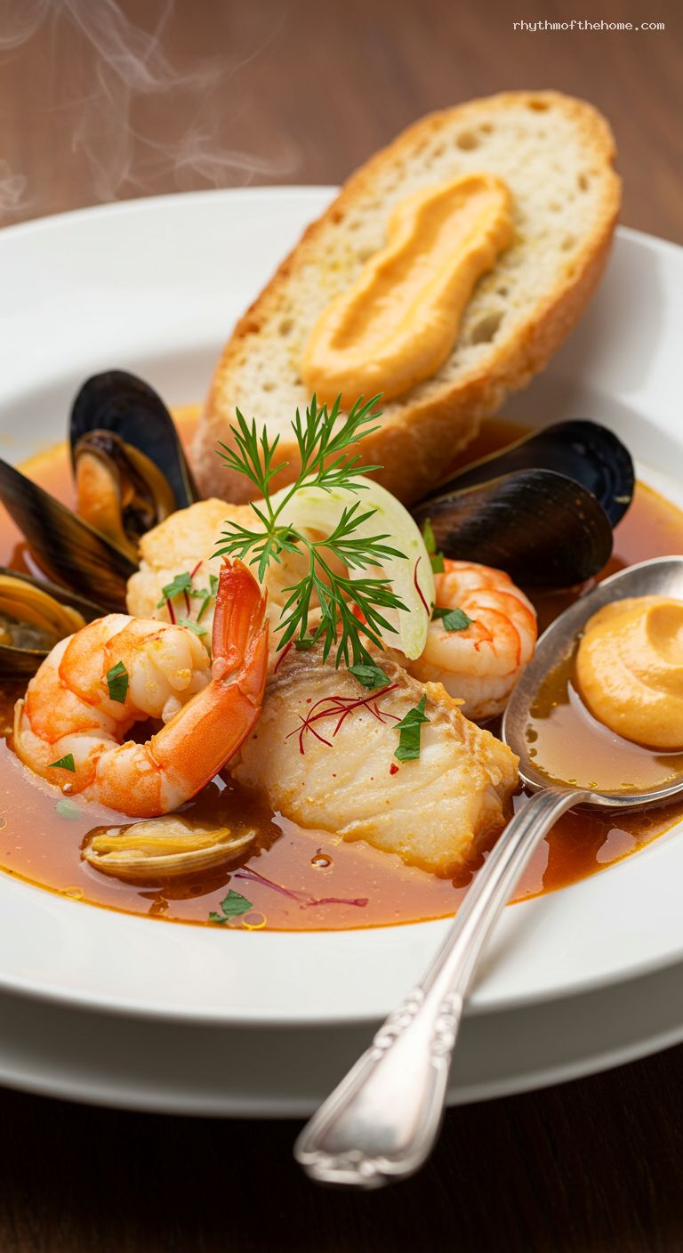 Classic Bouillabaisse with Saffron Tomato Broth – Closeup