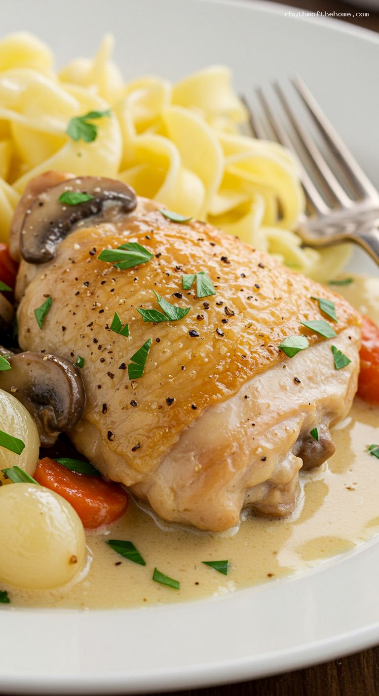 Classic Chicken Fricassee with Mushrooms and Pearl Onions – Closeup