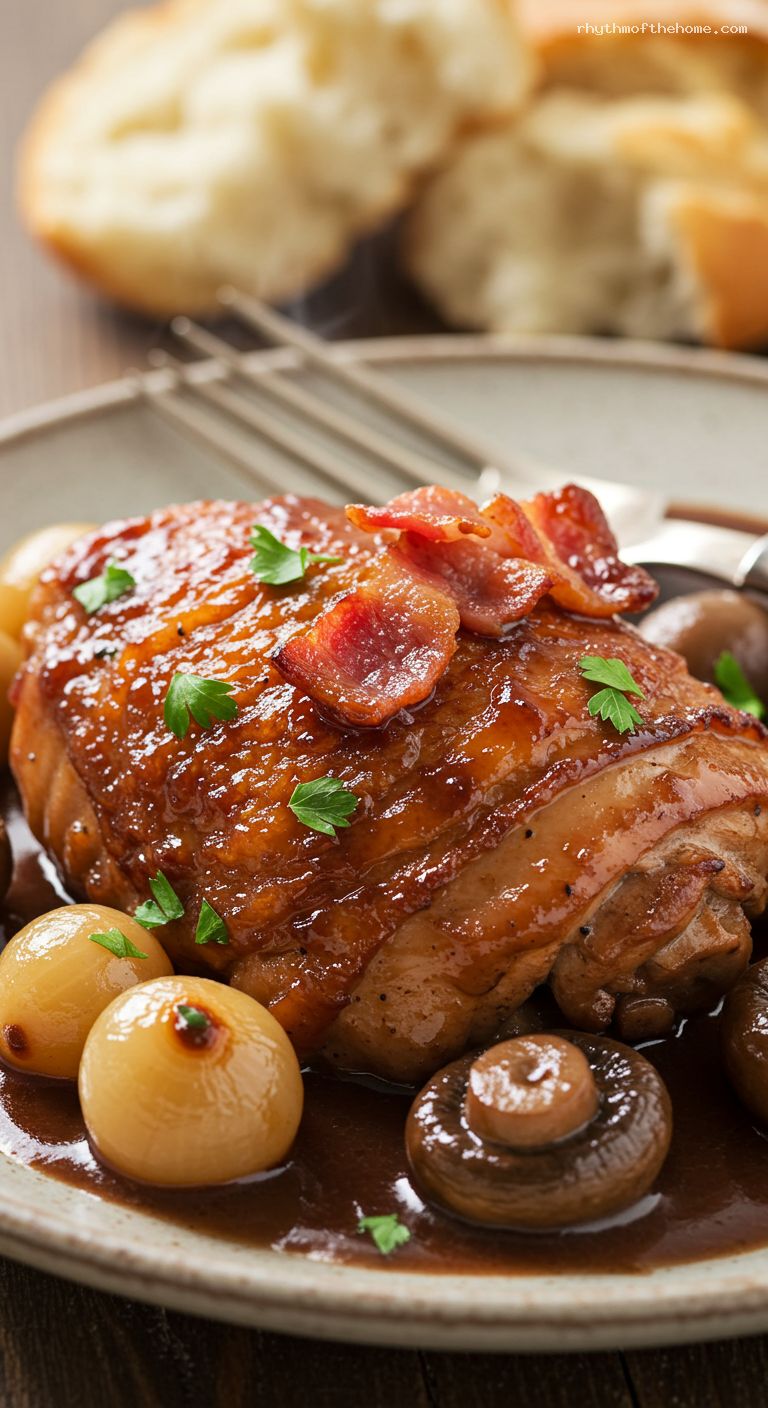 Classic Coq au Vin with Mushrooms and Lardons – Closeup