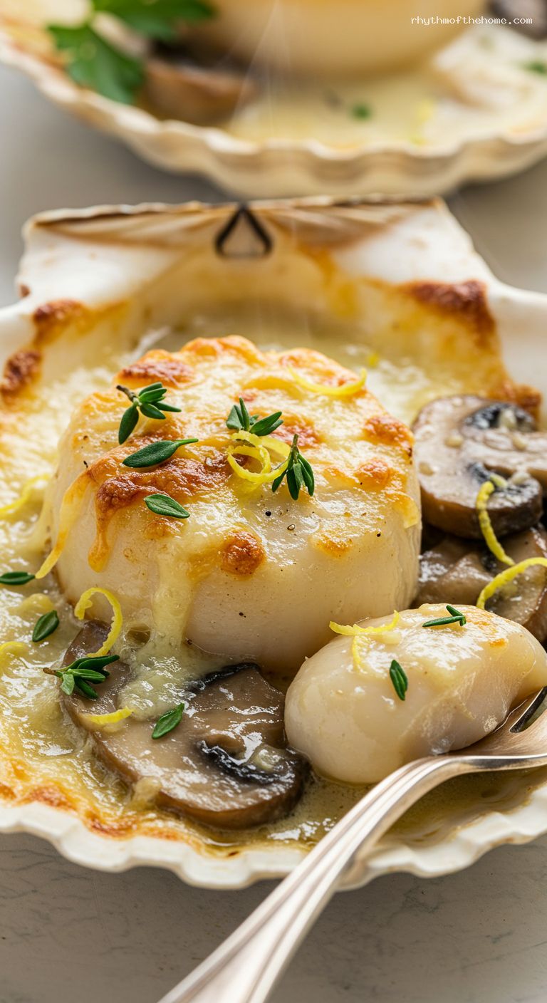 Classic Coquilles Saint-Jacques with White Wine Cream Sauce – Closeup
