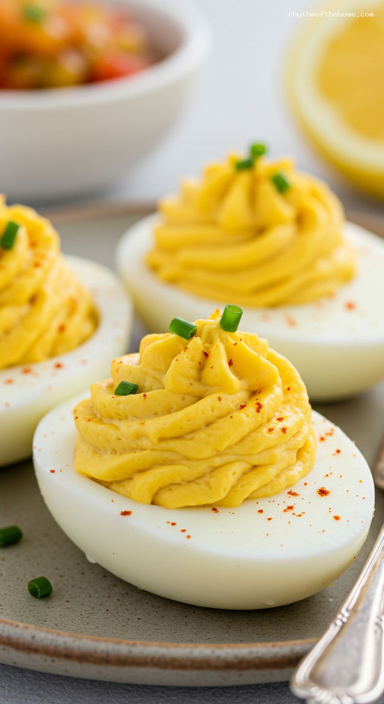 Classic Deviled Eggs with Dijon and Relish – Closeup