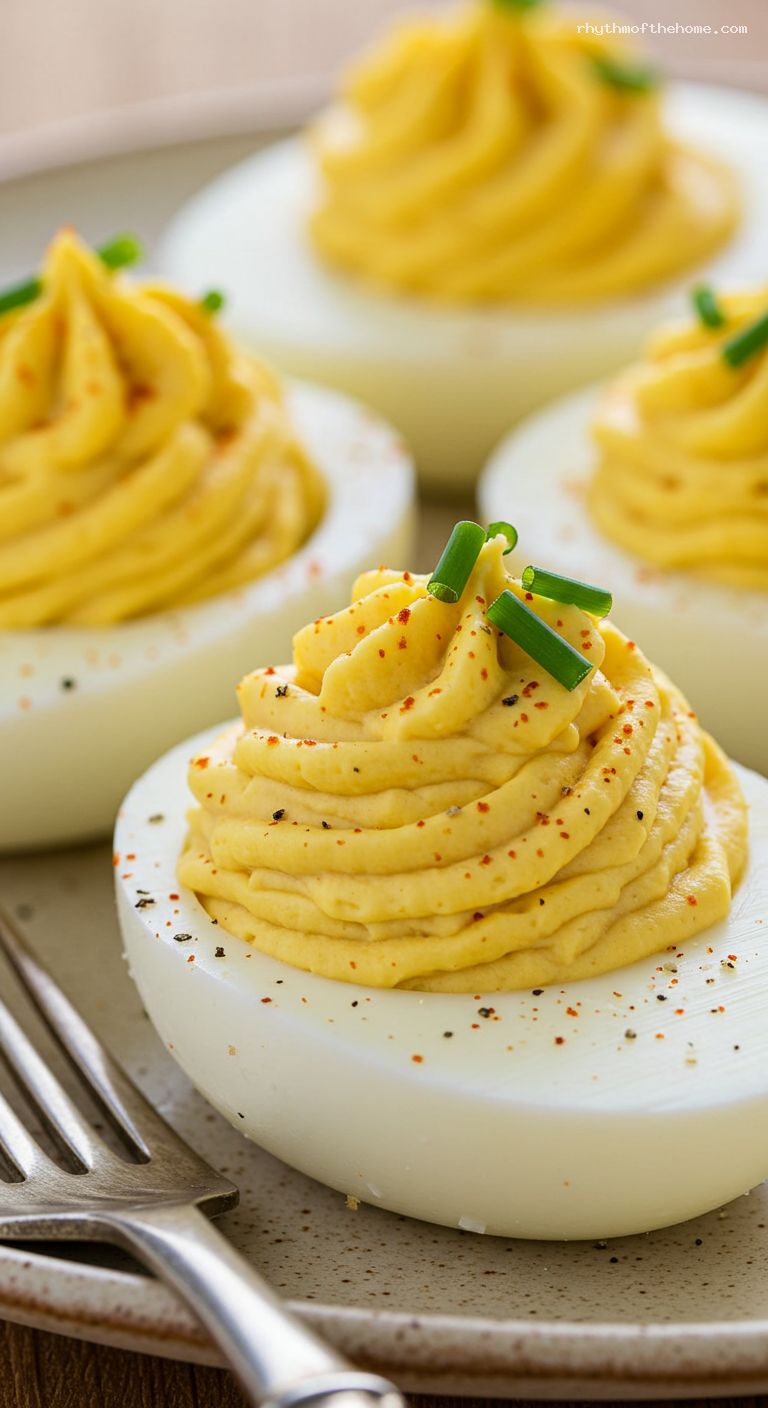 Classic Deviled Eggs with Paprika and Chives – Closeup