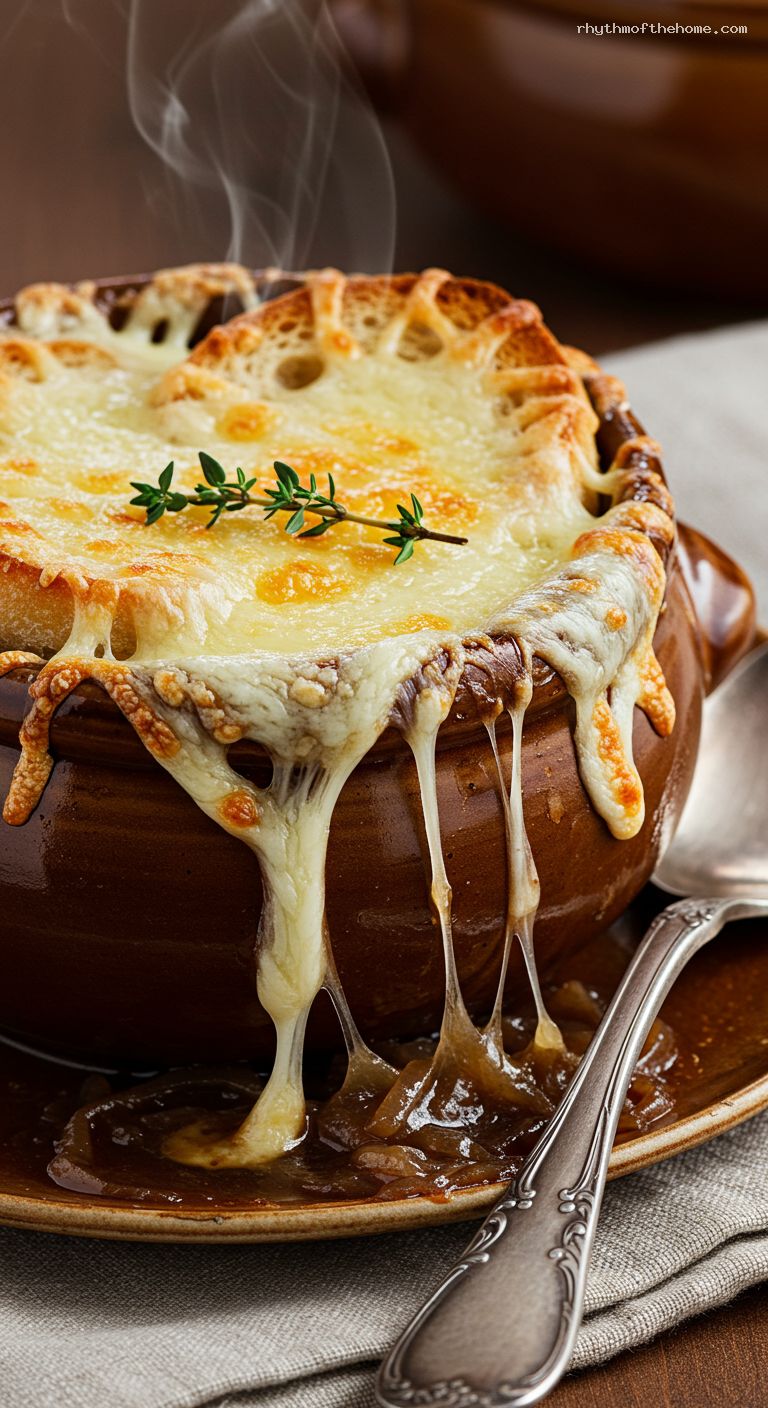 Classic French Onion Soup Gratinée with Gruyère – Closeup