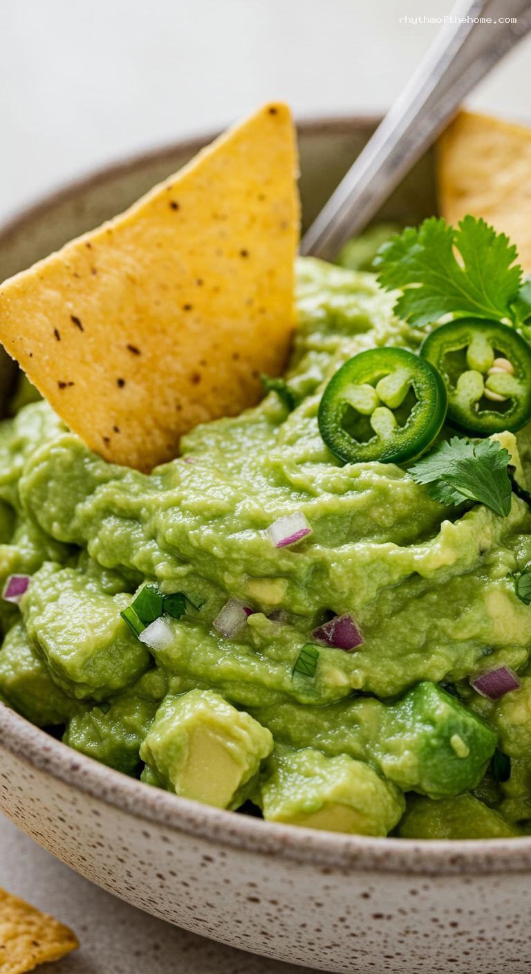 Classic Guacamole with Warm Tortilla Chips – Closeup