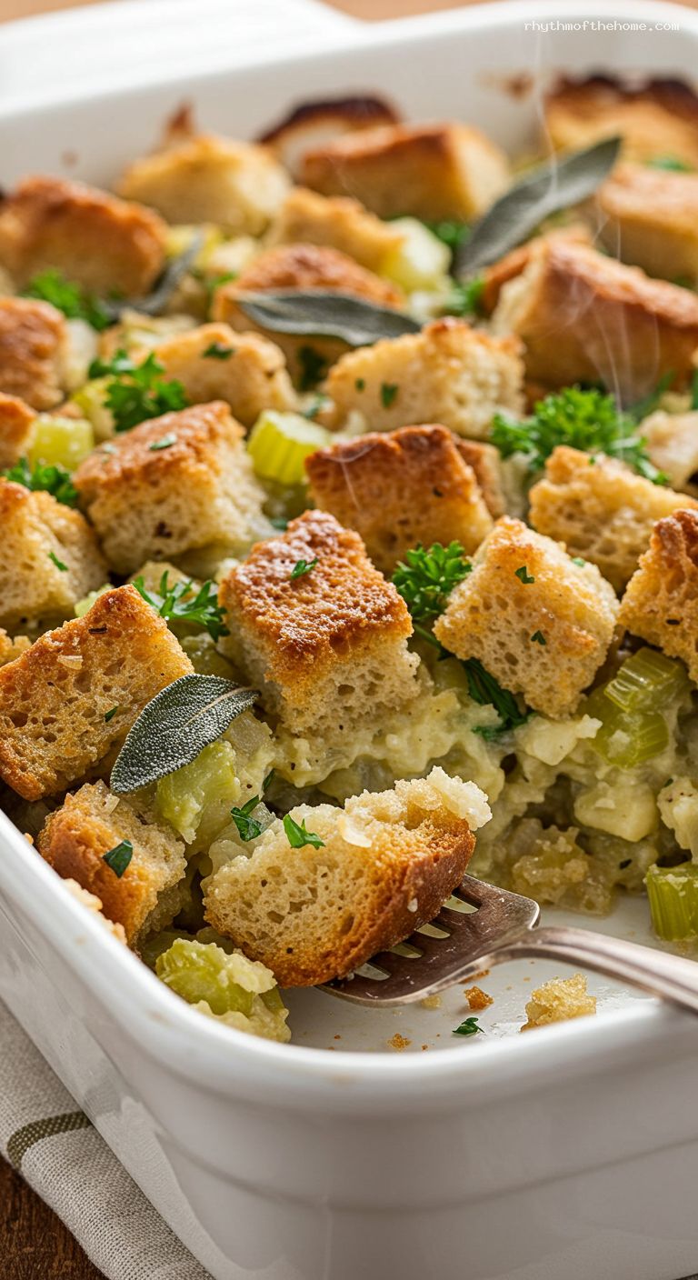 Classic Herb Bread Stuffing with Sage and Onion – Closeup