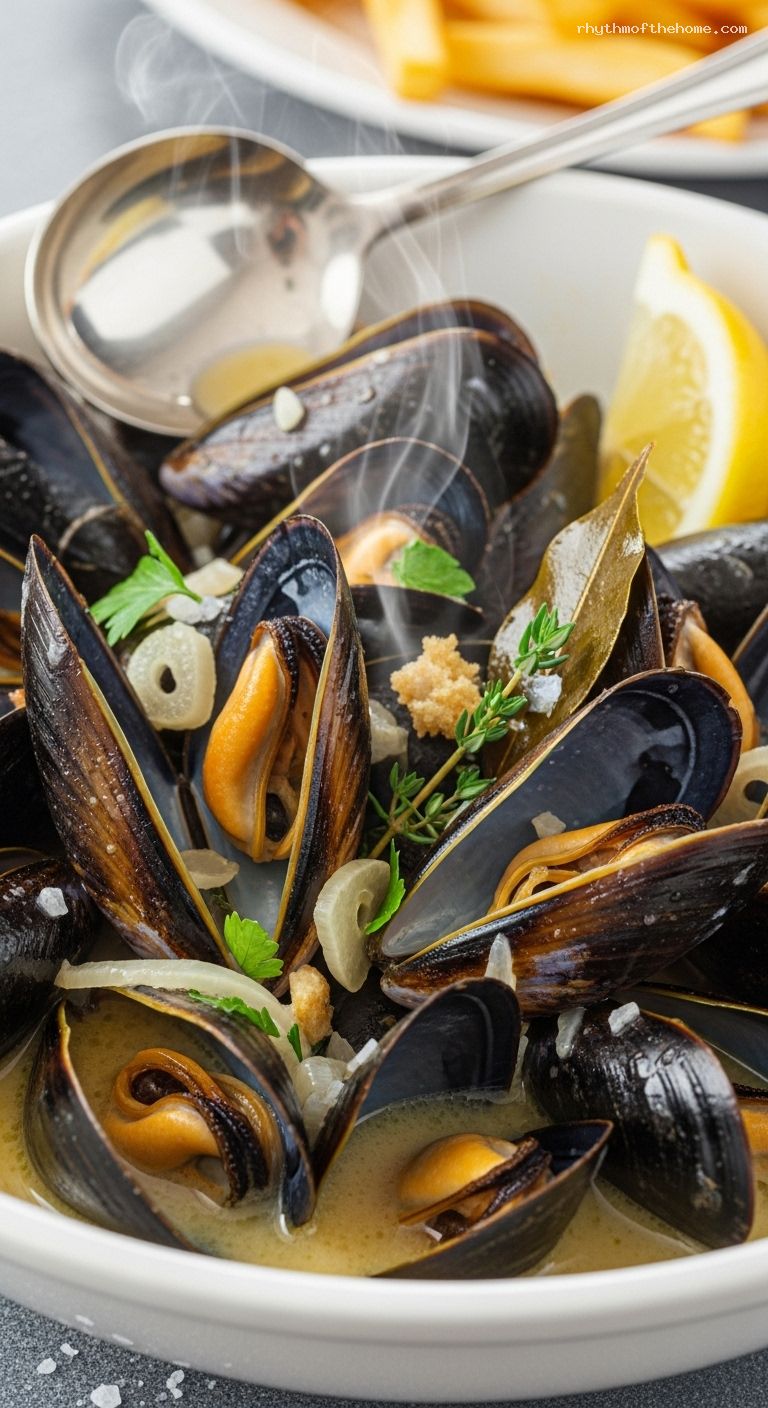 Classic Moules Marinières with Fries and Crusty Bread – Closeup