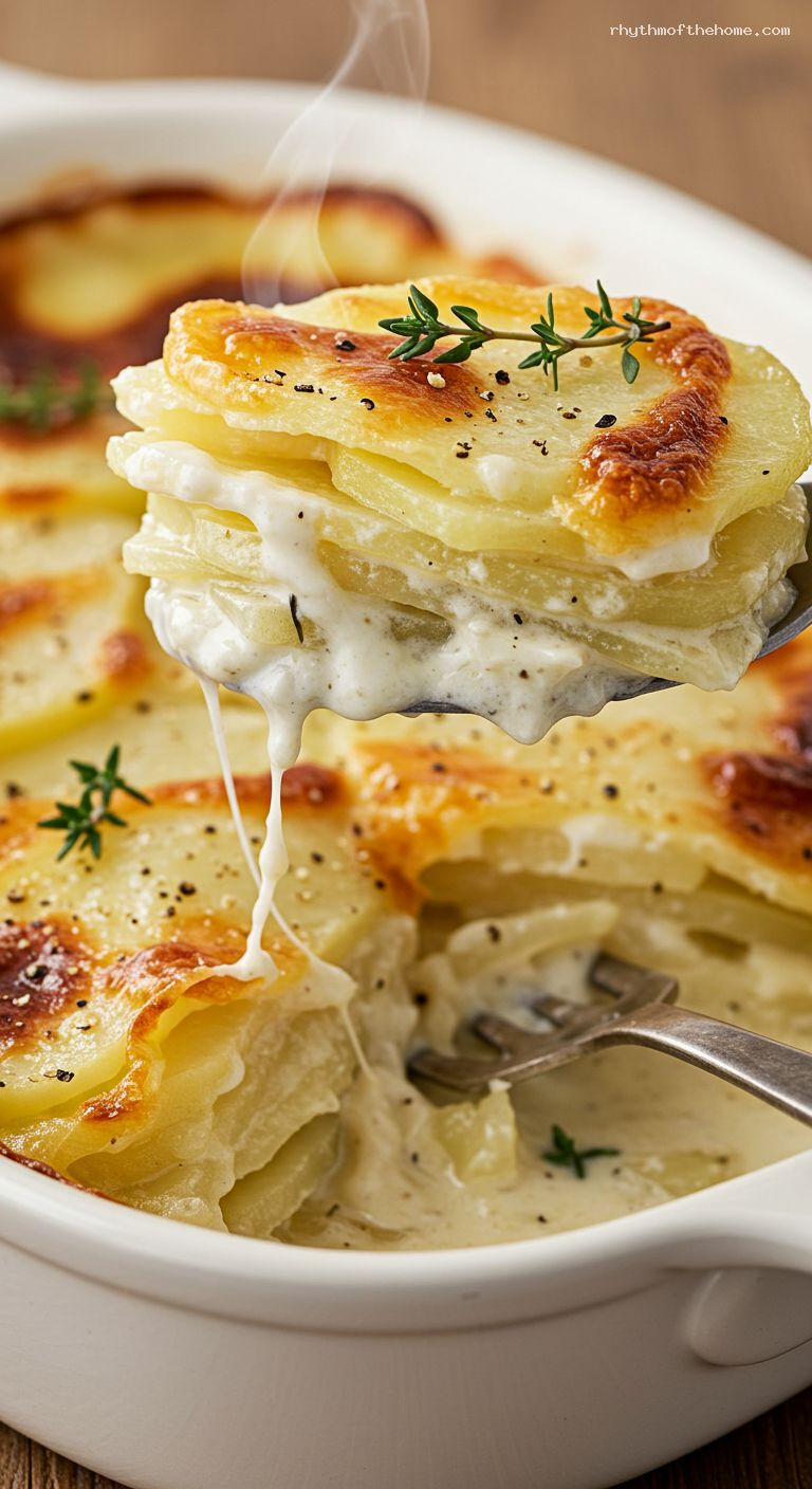 Classic Scalloped Potatoes with Onions and Cream – Closeup